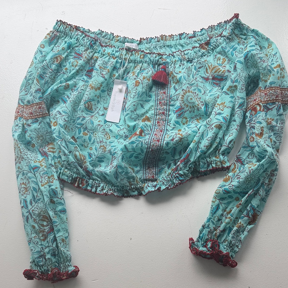 Poupette St. Barth Aqua Floral Off-Shoulder Crop Top with Red Trim